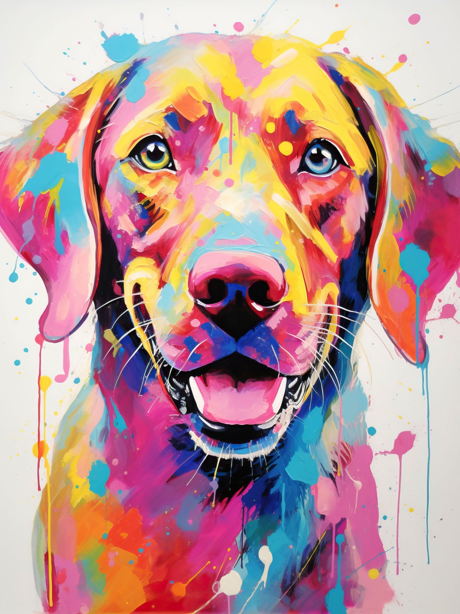 Vibrant and abstract portrait of a Labradoodle with colorful splashes and joyful expression.