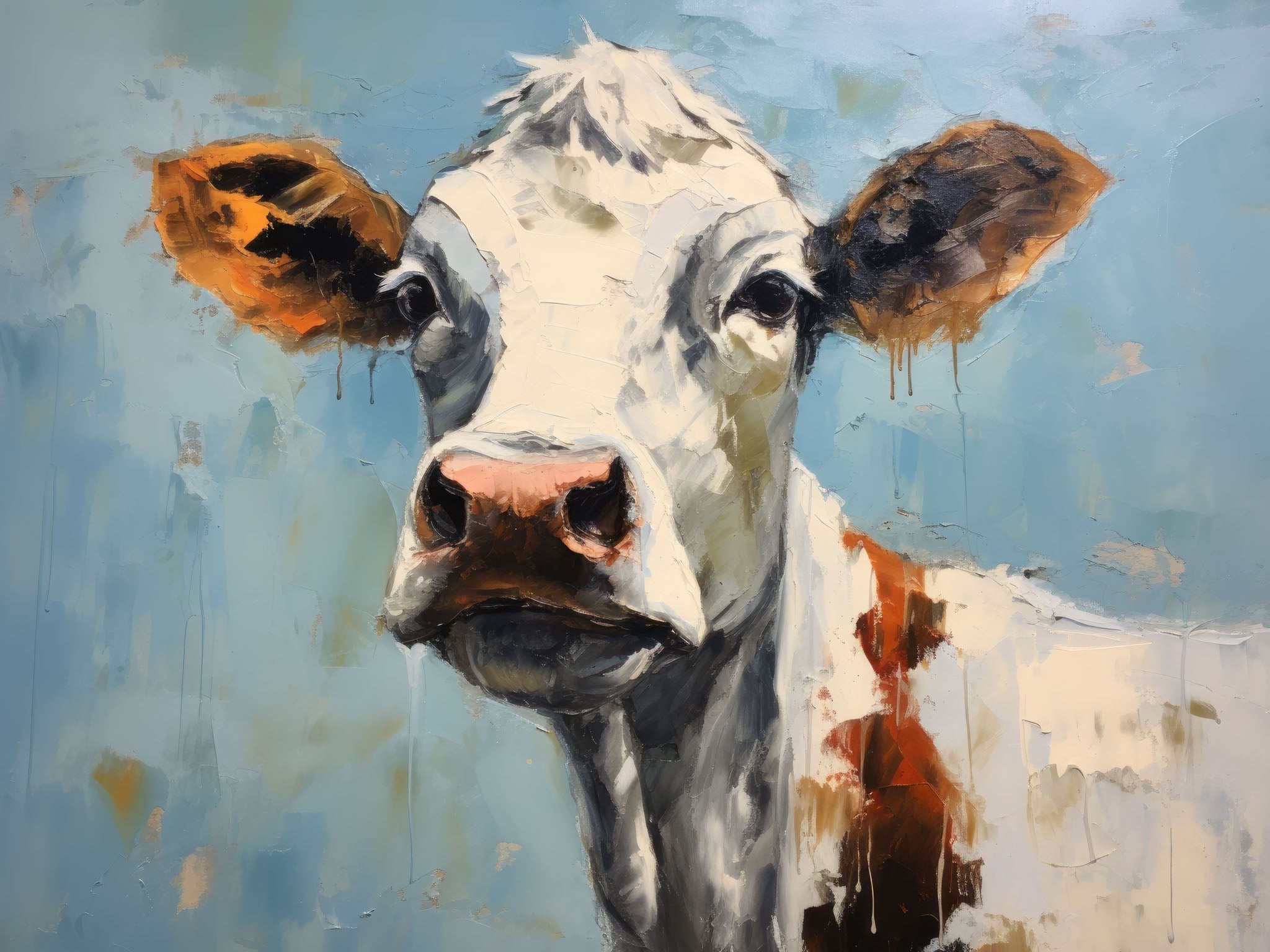 Textured painting of a proud cow with bold impasto strokes and a vibrant blue background, capturing the essence of rustic farm life.