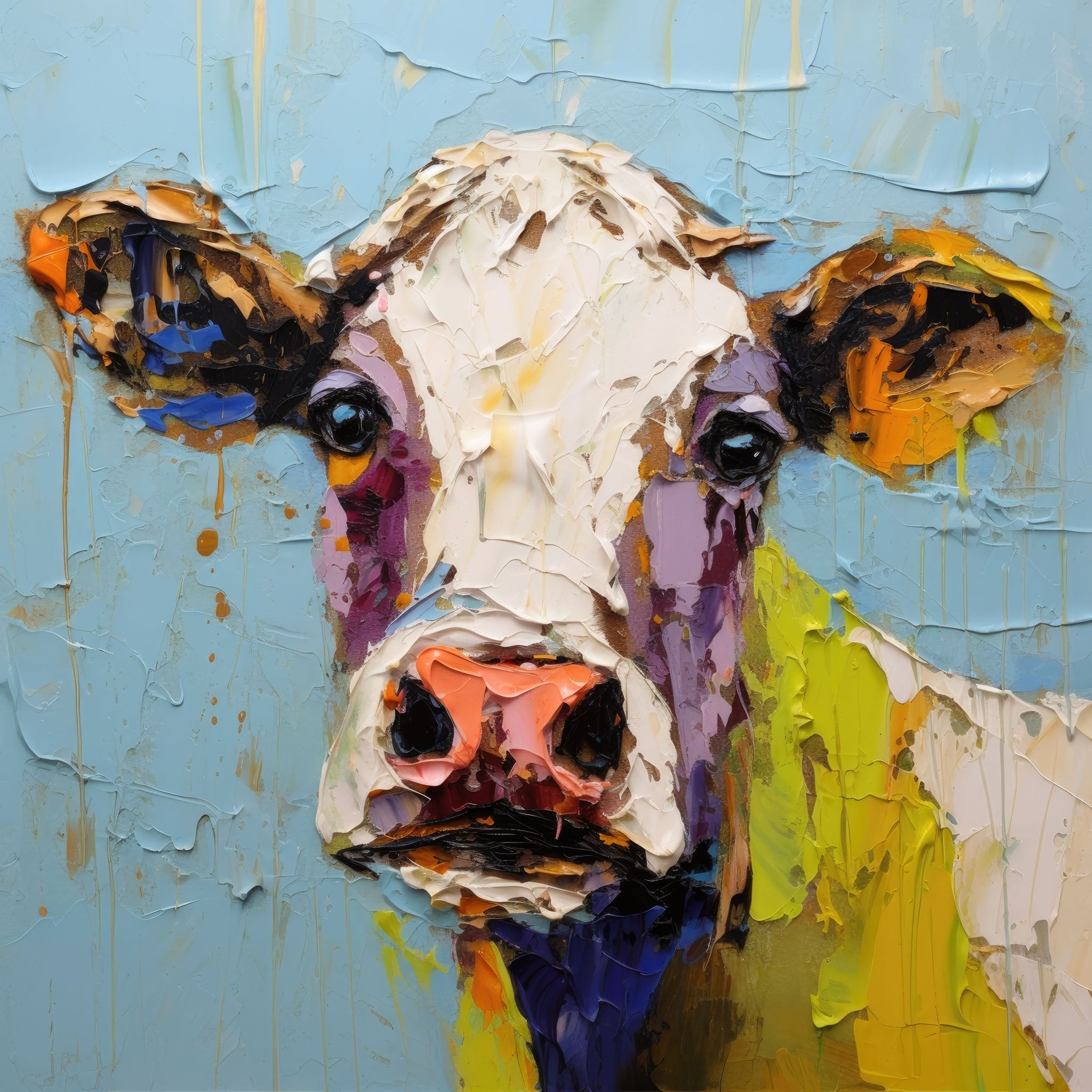 Impasto Farms - Abstract cow painting with vibrant, textured impasto strokes in a playful, modern style.