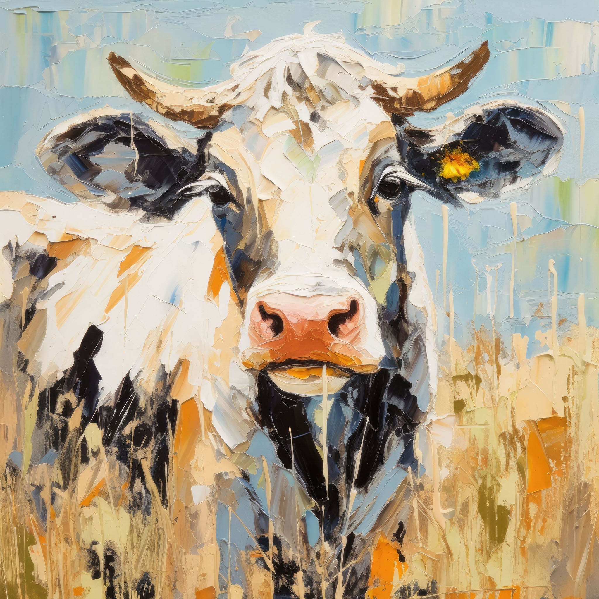 Impasto Farms - Vibrant cow painting with rich impasto textures depicting a serene rural landscape in warm tones.