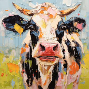 Bold, colorful painting of a happy cow with impasto texture, featuring vibrant hues and whimsical charm in a contemporary farm setting.