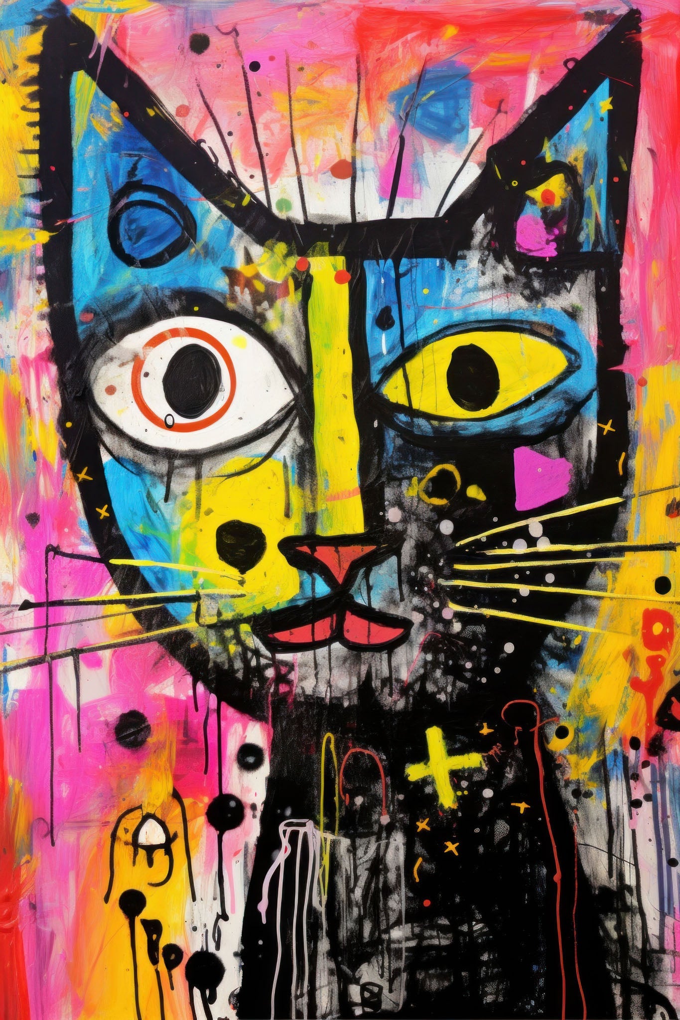 A vibrant abstract feline portrait with bold graffiti and street art influences, showcasing dynamic energy and whimsical expression.