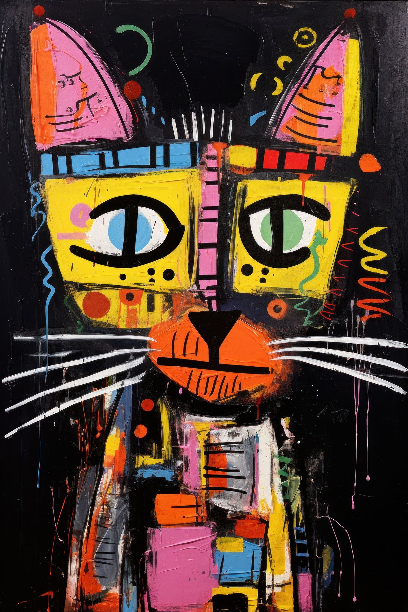 A vibrant, graffiti-inspired abstract of a nocturnal cat, blending urban elements with whimsical, colorful expression.