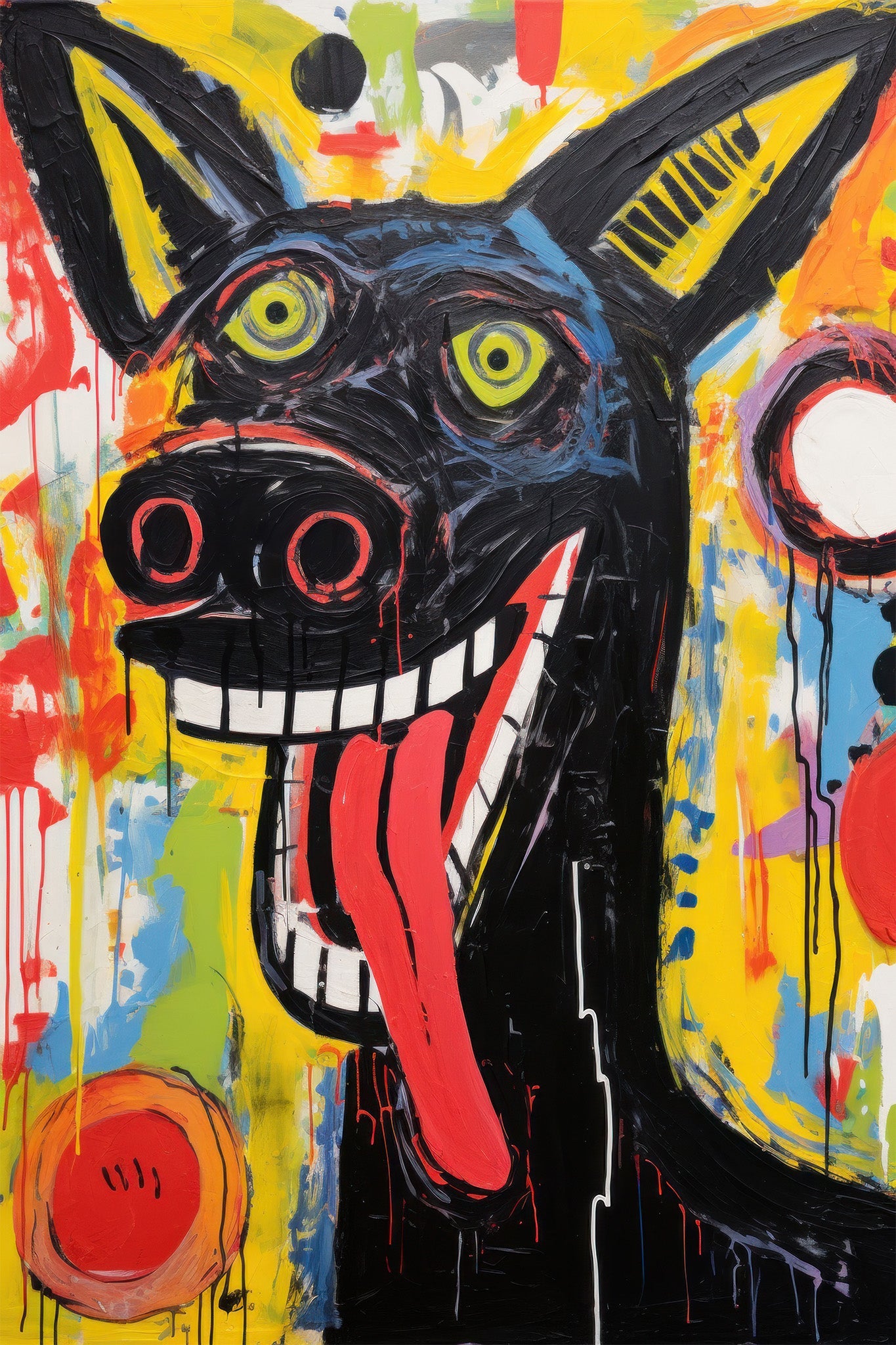 An oversized, expressive dog in a vibrant, abstract street art style with bold colors and playful, whimsical elements.