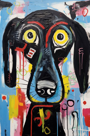 An abstract, vibrant portrayal of a canine, featuring dynamic colors and bold strokes.