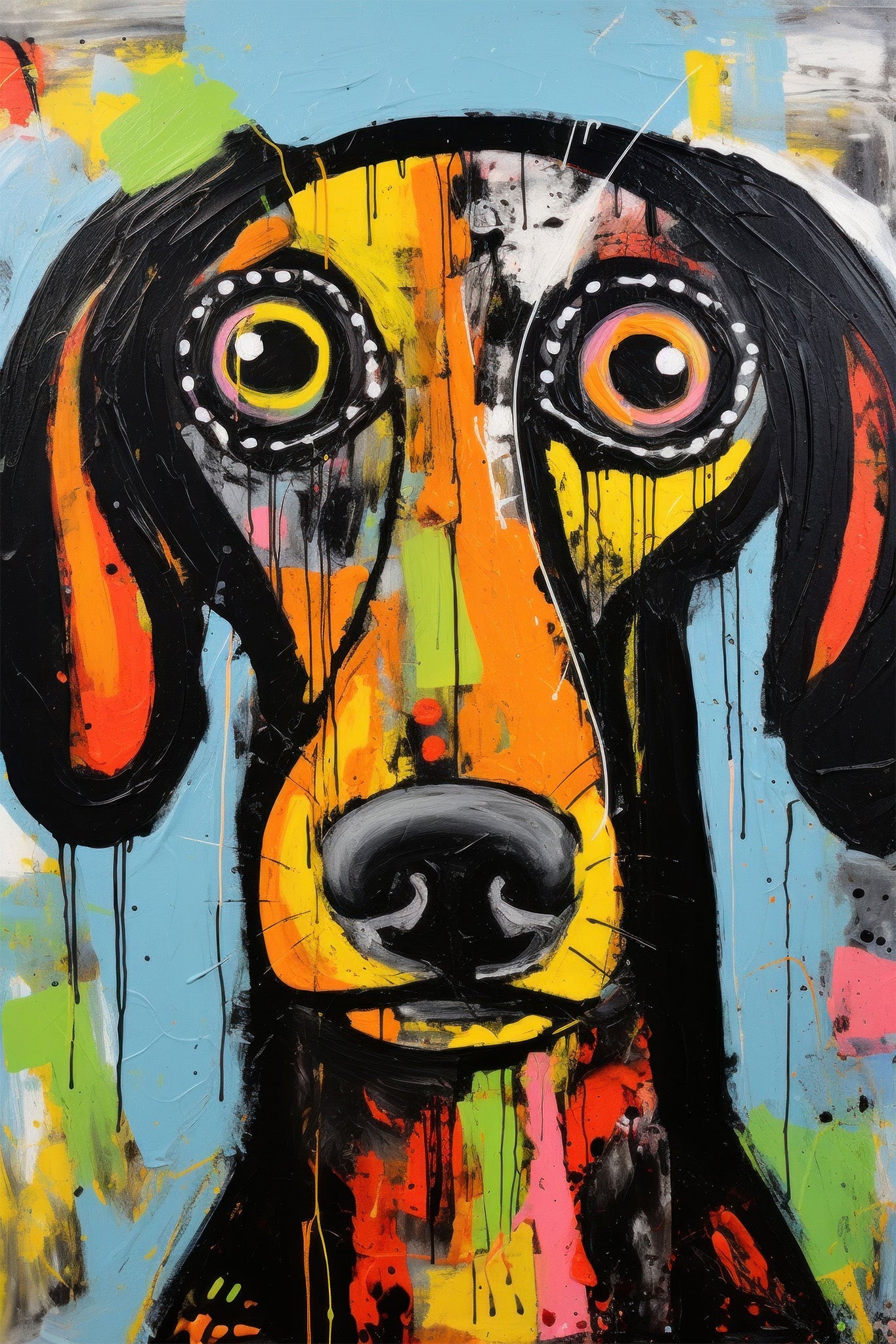 An abstract, vibrant depiction of a canine with a deep emotional expression.