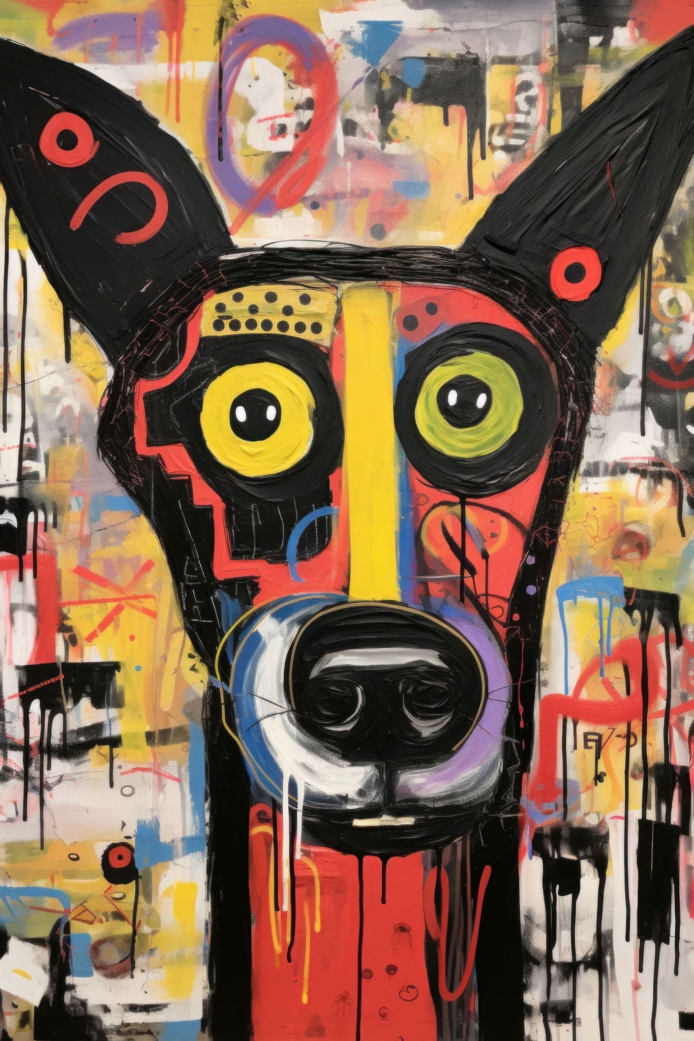 An energetic and vibrant abstract painting of a dog with a graffiti-inspired background.