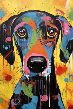 A vibrant abstract painting of a dog with bold graffiti-style elements and expressive features.