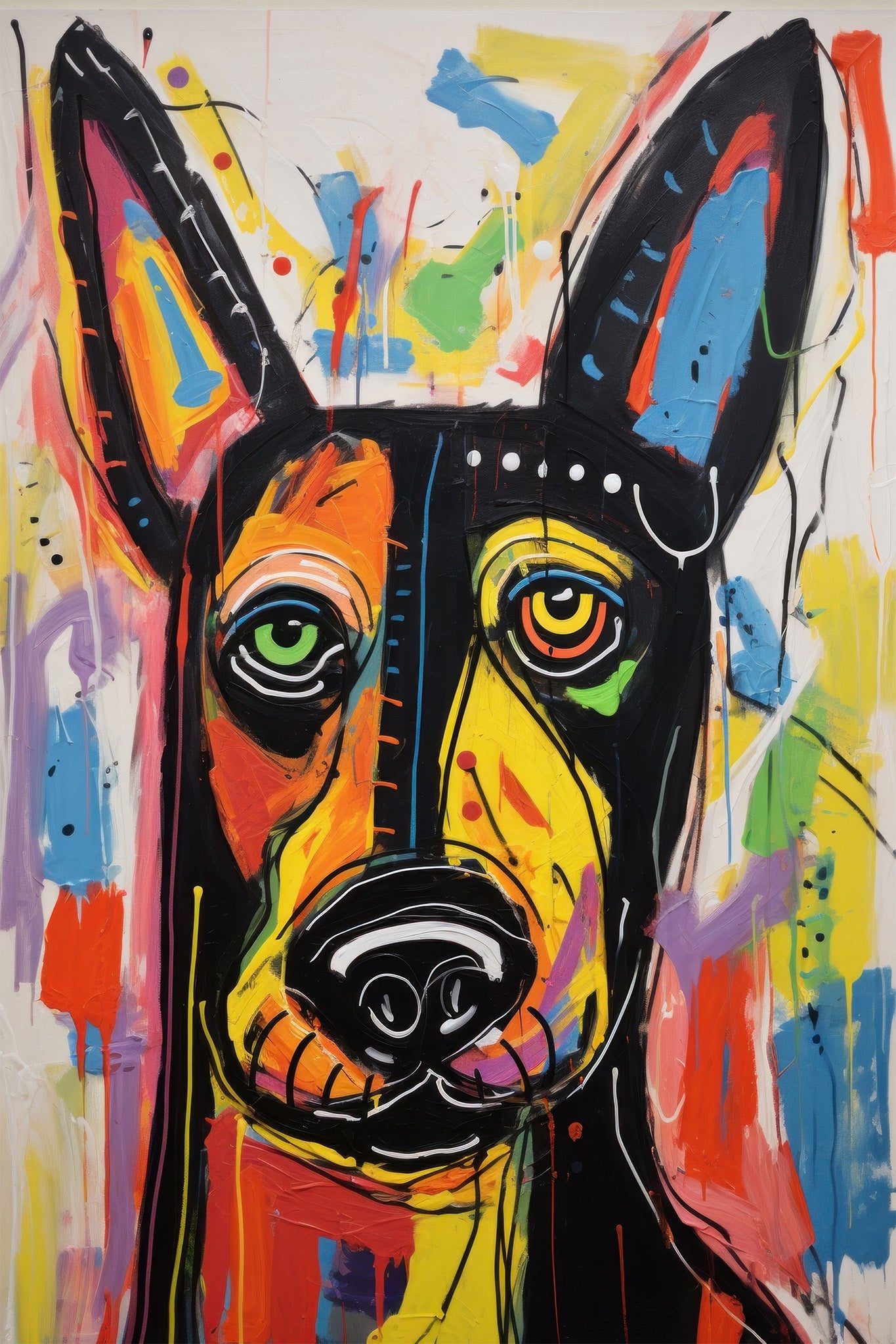 A dynamic abstract painting of a dog with vibrant colors and graffiti-style elements.