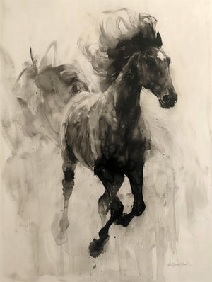 Ink wash painting of a dark horse in full gallop rendered in black and sepia tones on a cream background, with a ghost-like second horse suggested in lighter washes behind, and the mane and tail flowing dramatically in motion.