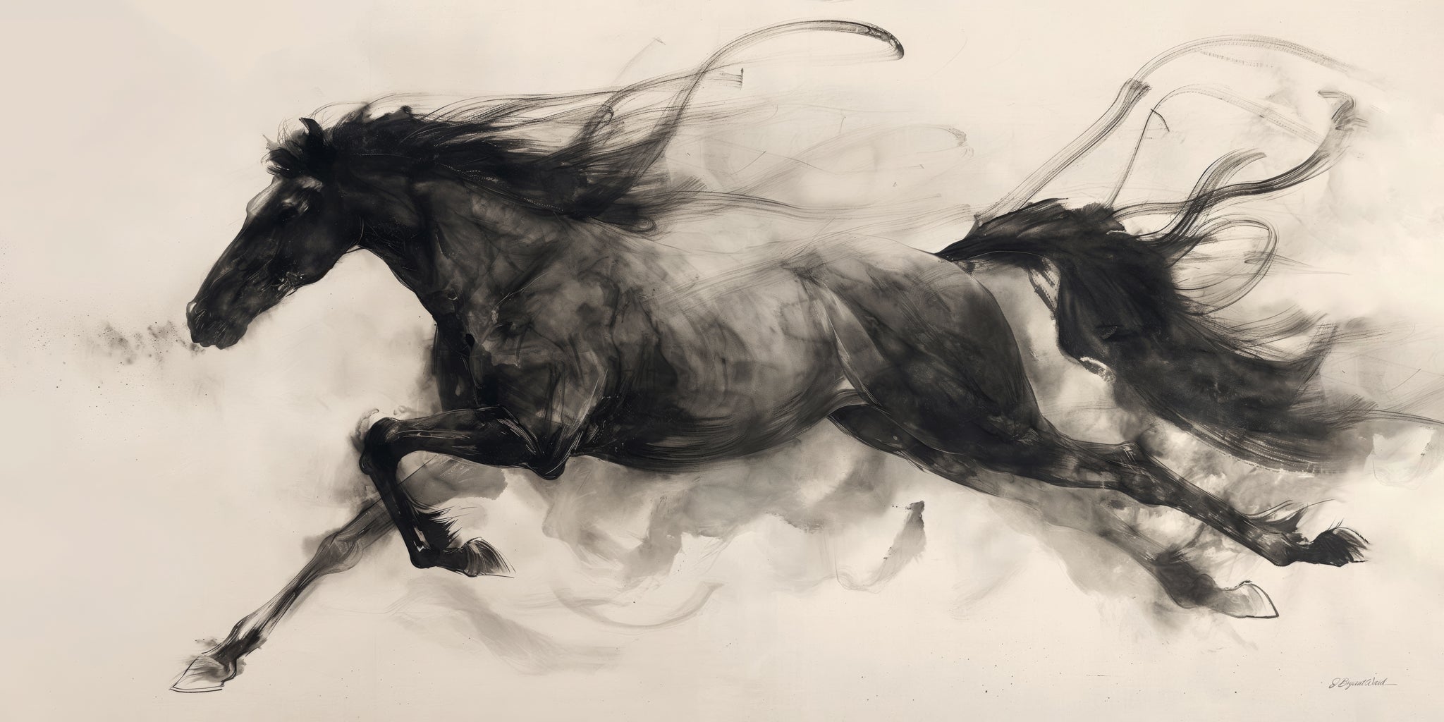 Black ink and charcoal artwork of a powerful stallion in full gallop, with flowing mane and tail dissolving into expressive brushstrokes and wisps of smoke-like ink against a pale cream background, conveying explosive speed and raw energy.