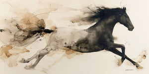 Mixed-media fine art print of a powerful black horse in full gallop. The horse is rendered in detailed ink line work on the right, transitioning into sweeping abstract washes of black, grey, and sepia tones on the left, with the mane and tail dissolving into gestural brushstrokes against a warm cream background.