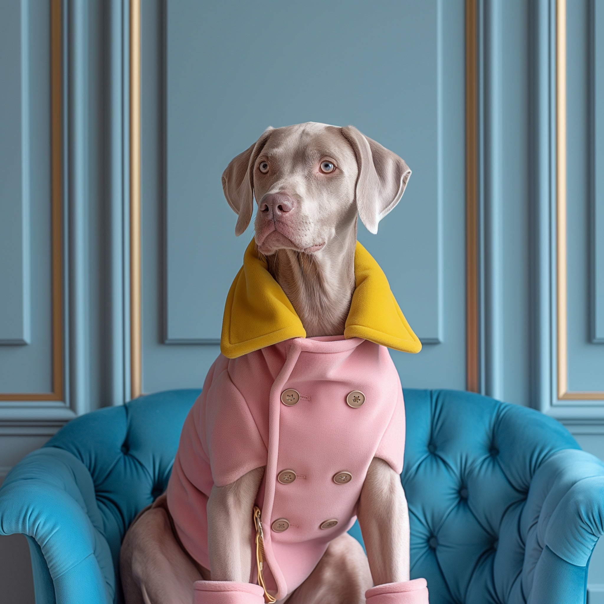 A Weimaraner dog dressed in a double-breasted pink peacoat with a mustard yellow collar, seated upright in a tufted turquoise velvet armchair against a pale blue paneled wall with gold trim, gazing confidently off to the side.