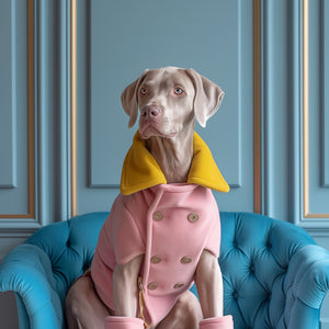 A Weimaraner dog dressed in a double-breasted pink peacoat with a mustard yellow collar, seated upright in a tufted turquoise velvet armchair against a pale blue paneled wall with gold trim, gazing confidently off to the side.