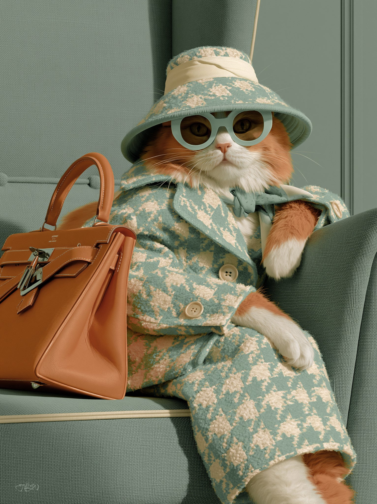 Digitally rendered orange and white cat wearing a sage blue and cream houndstooth coat and matching bucket hat, accessorized with round sage sunglasses and a neck bow, reclining on a sage armchair beside a structured tan leather Birkin-style handbag, against a soft studio-lit background in sage, cream, and cognac tones.