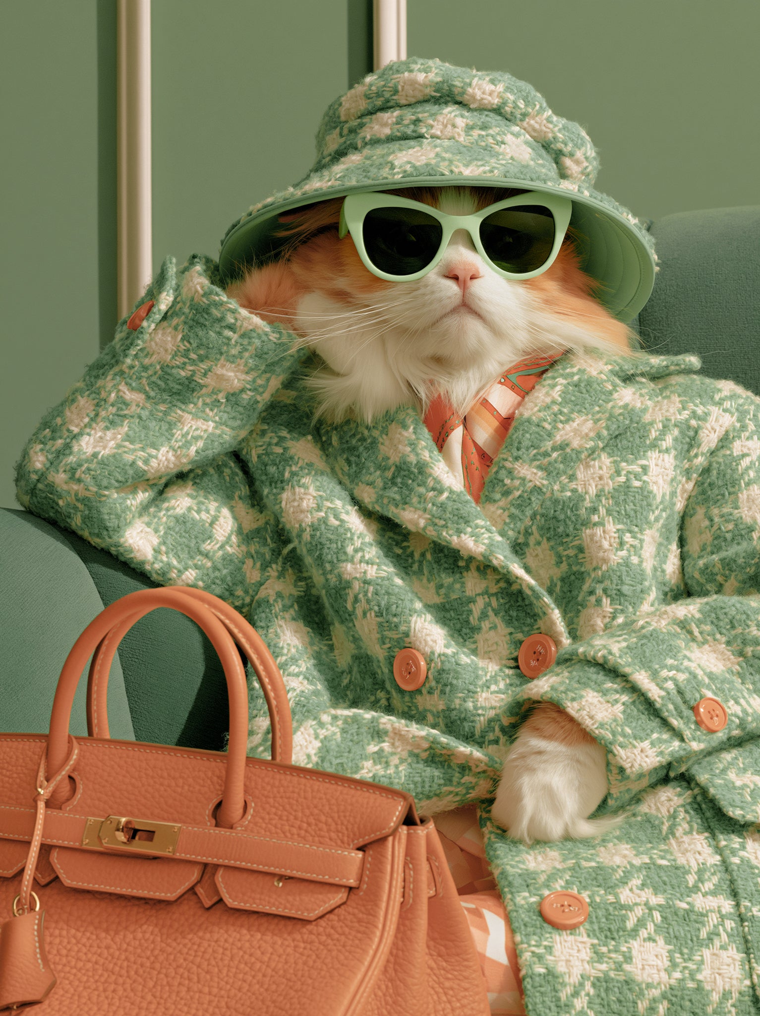 Digitally rendered orange and white cat wearing a sage green tweed bucket hat, oversized double-breasted coat with terracotta buttons, light green cat-eye sunglasses, and an orange silk tie, with a tan structured Birkin-style handbag with gold hardware in the foreground against a muted sage green background.