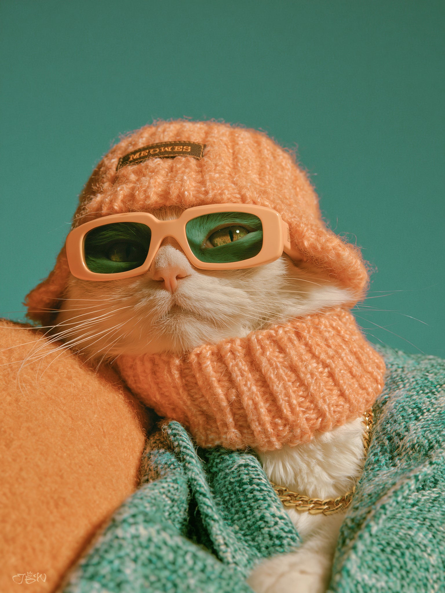Art print of a white cat dressed in streetwear, wearing a peach ribbed knit beanie labeled MEOWES, matching neck warmer, teal marled sweater, gold chain necklace, and peach-framed sunglasses with green lenses, posed against a teal studio background in a fashion editorial style.