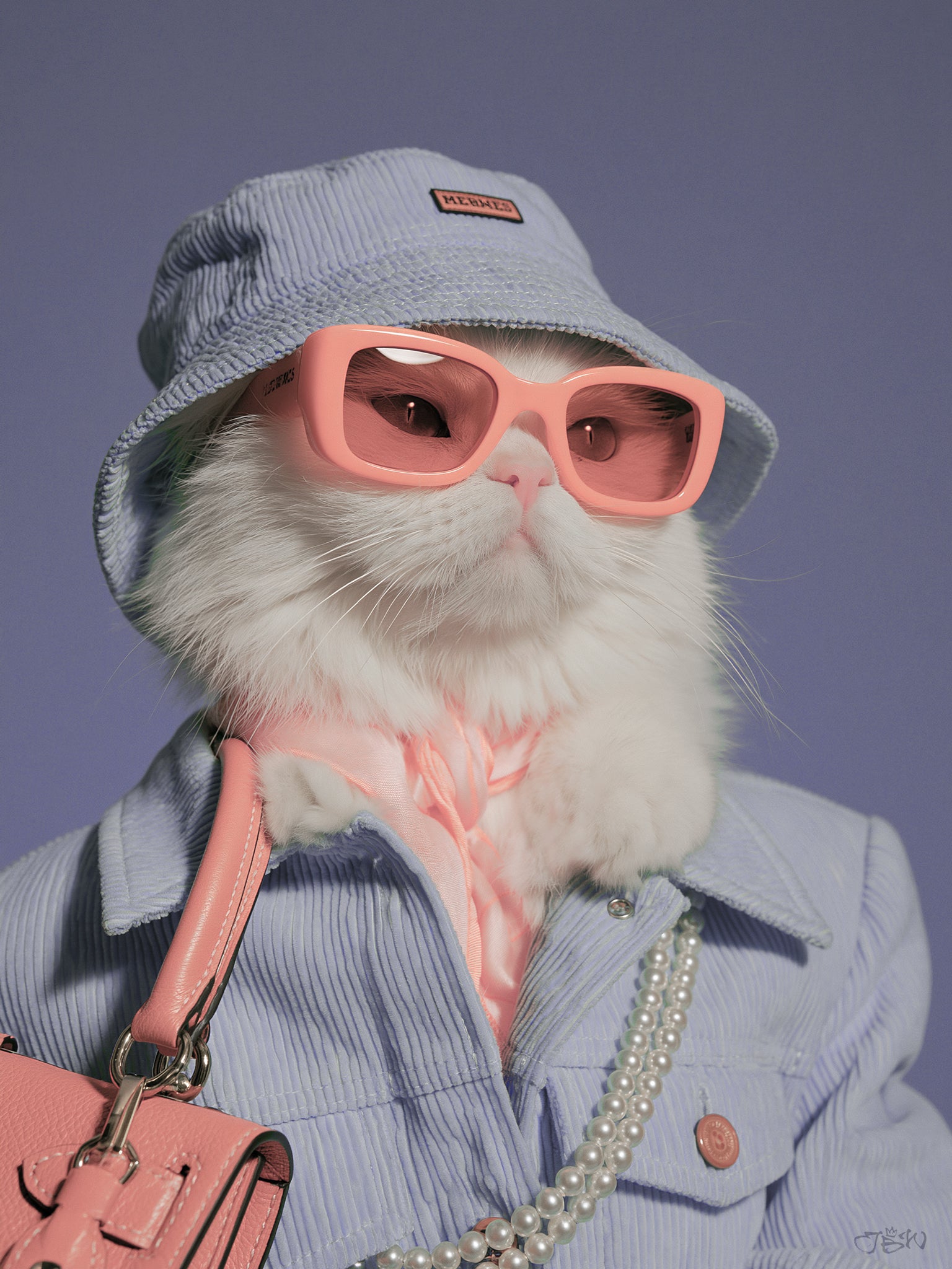 Digitally rendered portrait of a fluffy white Persian cat wearing a periwinkle blue corduroy bucket hat and jacket, pink rectangular sunglasses, a pink silk neckerchief, a pink structured leather handbag, and a pearl necklace, posed against a soft lavender-blue background in a close-up bust composition.