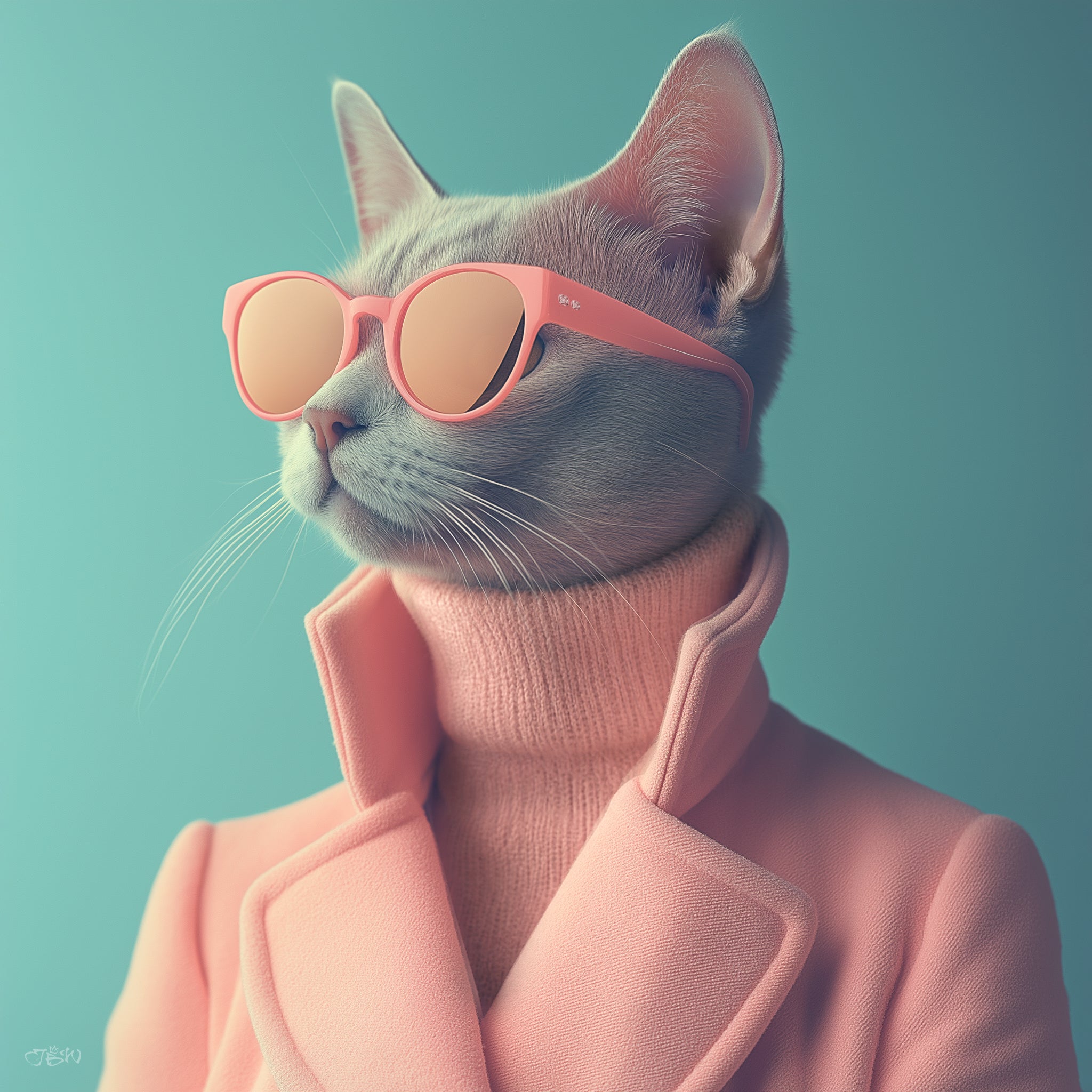 Digital fashion portrait of an anthropomorphic gray cat wearing oversized rose-tinted round sunglasses, a blush pink turtleneck sweater, and a coordinating pink structured coat, posed against a soft teal background in a retro pop art style.