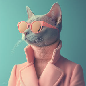 Digital fashion portrait of an anthropomorphic gray cat wearing oversized rose-tinted round sunglasses, a blush pink turtleneck sweater, and a coordinating pink structured coat, posed against a soft teal background in a retro pop art style.