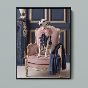 La Belle Dalmatienne framed canvas in a black frame, front view