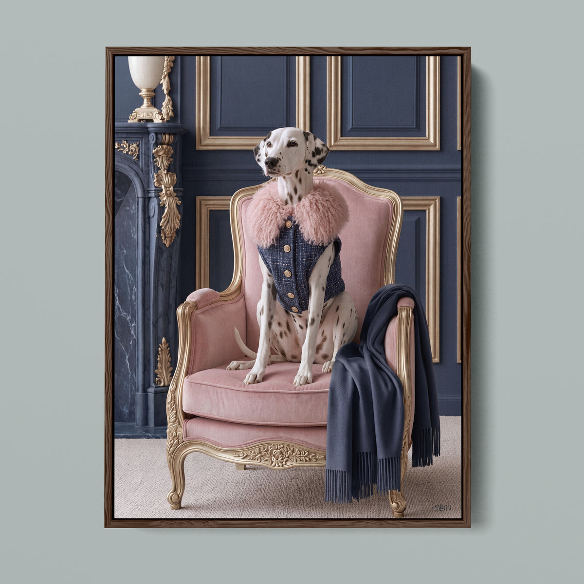 La Belle Dalmatienne framed canvas in a dark walnut frame, front view