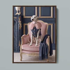 La Belle Dalmatienne framed canvas in a dark walnut frame, front view
