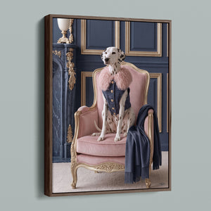 La Belle Dalmatienne framed canvas in a dark walnut frame, angled view