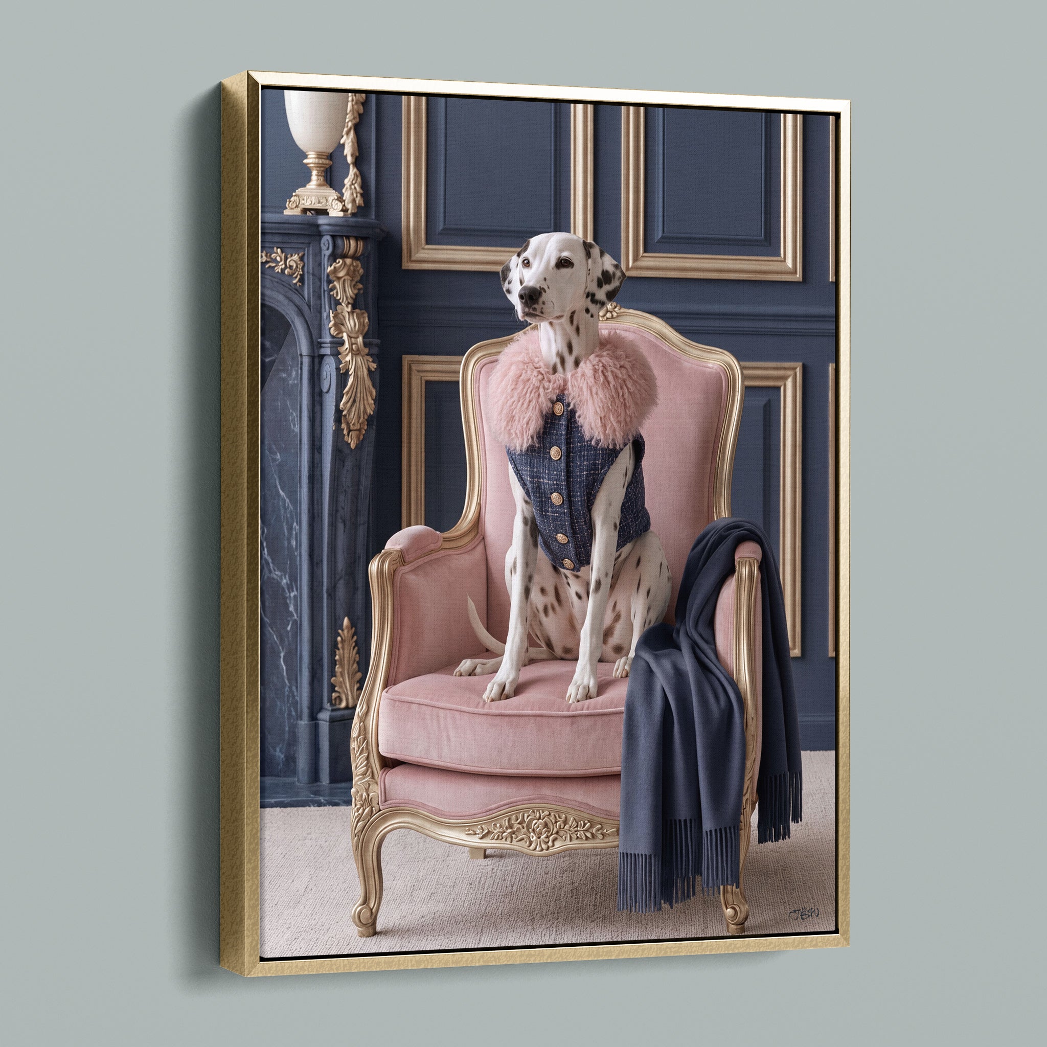 La Belle Dalmatienne framed canvas in a gold frame, angled view