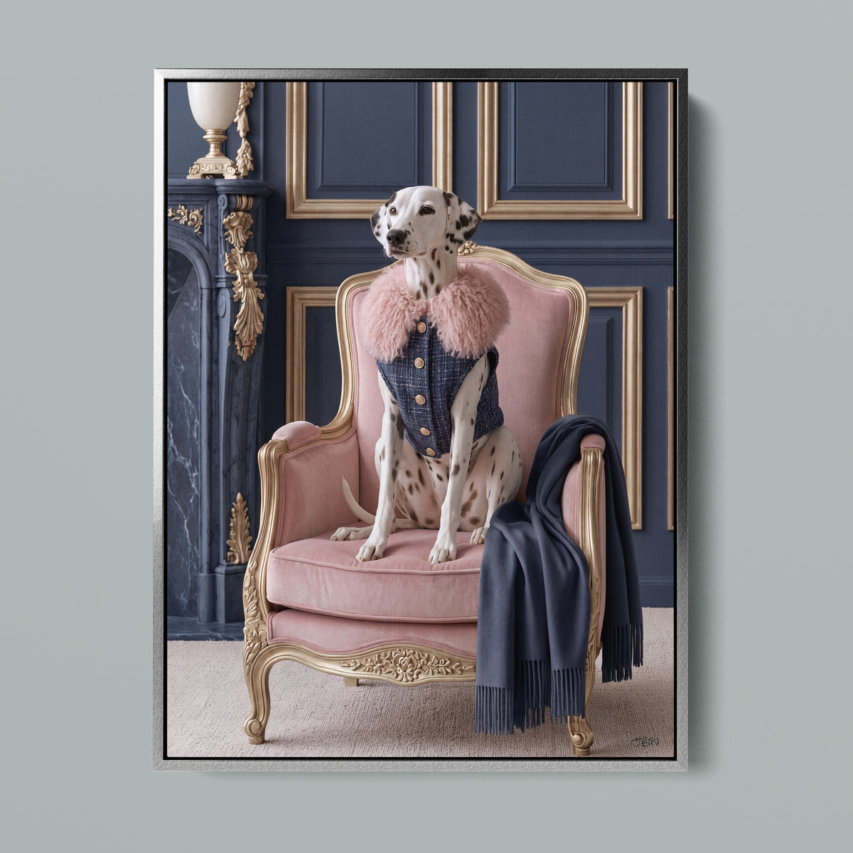 La Belle Dalmatienne framed canvas in a silver frame, front view