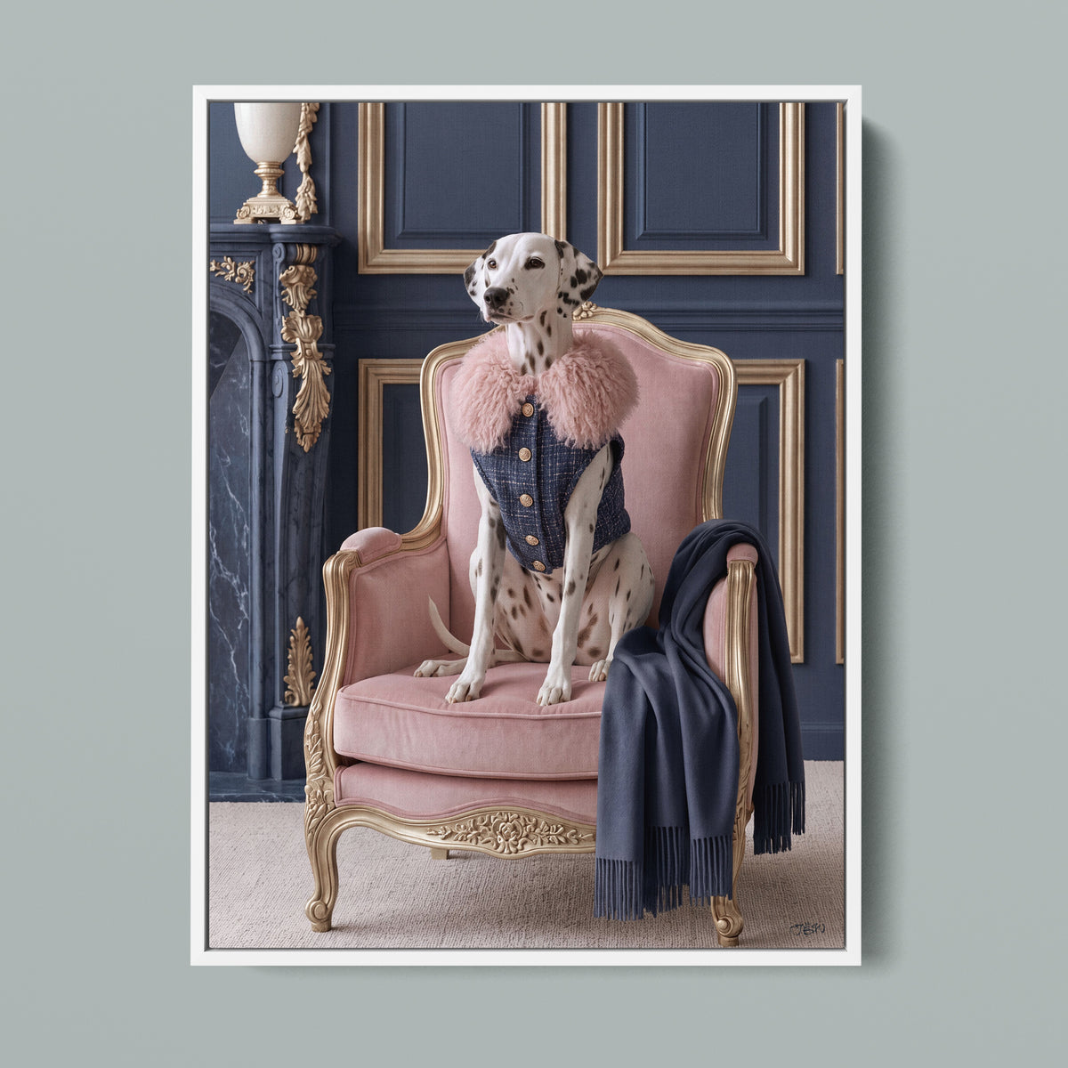 La Belle Dalmatienne framed canvas in a white frame, front view