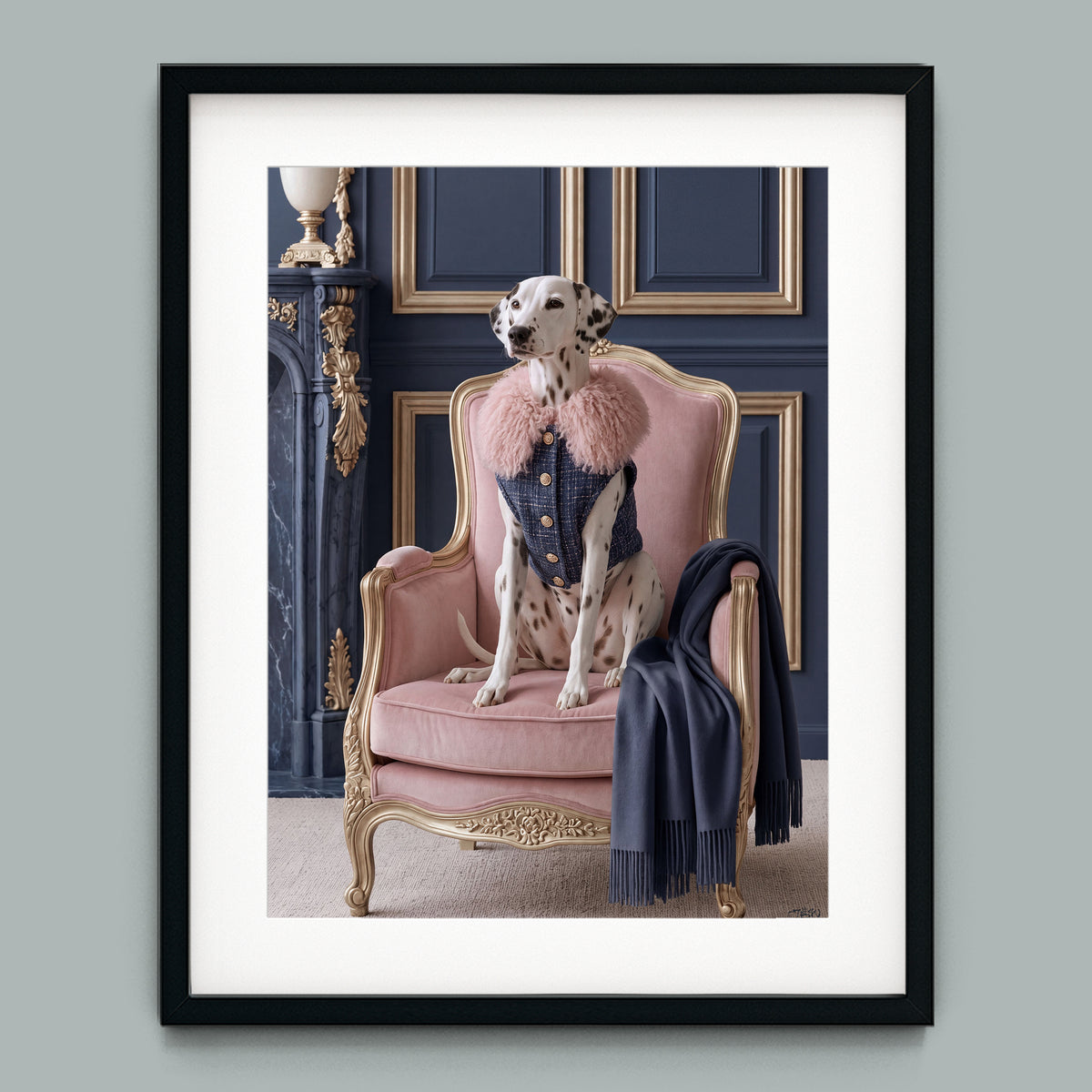 La Belle Dalmatienne framed fine art paper print in a black frame