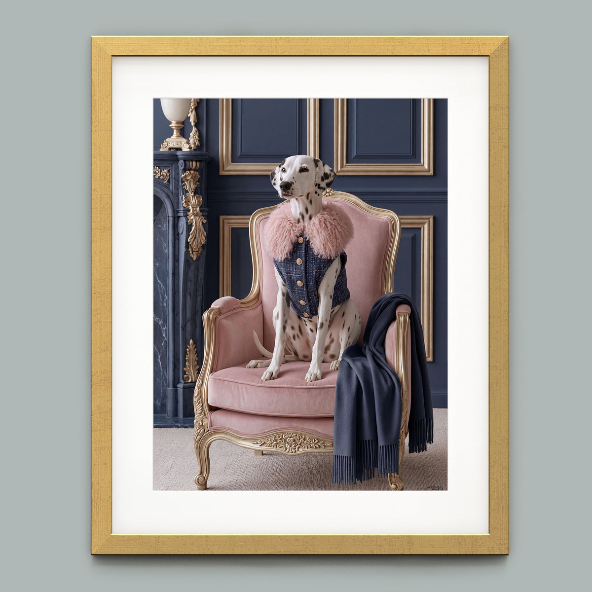 La Belle Dalmatienne framed fine art paper print in a gold frame