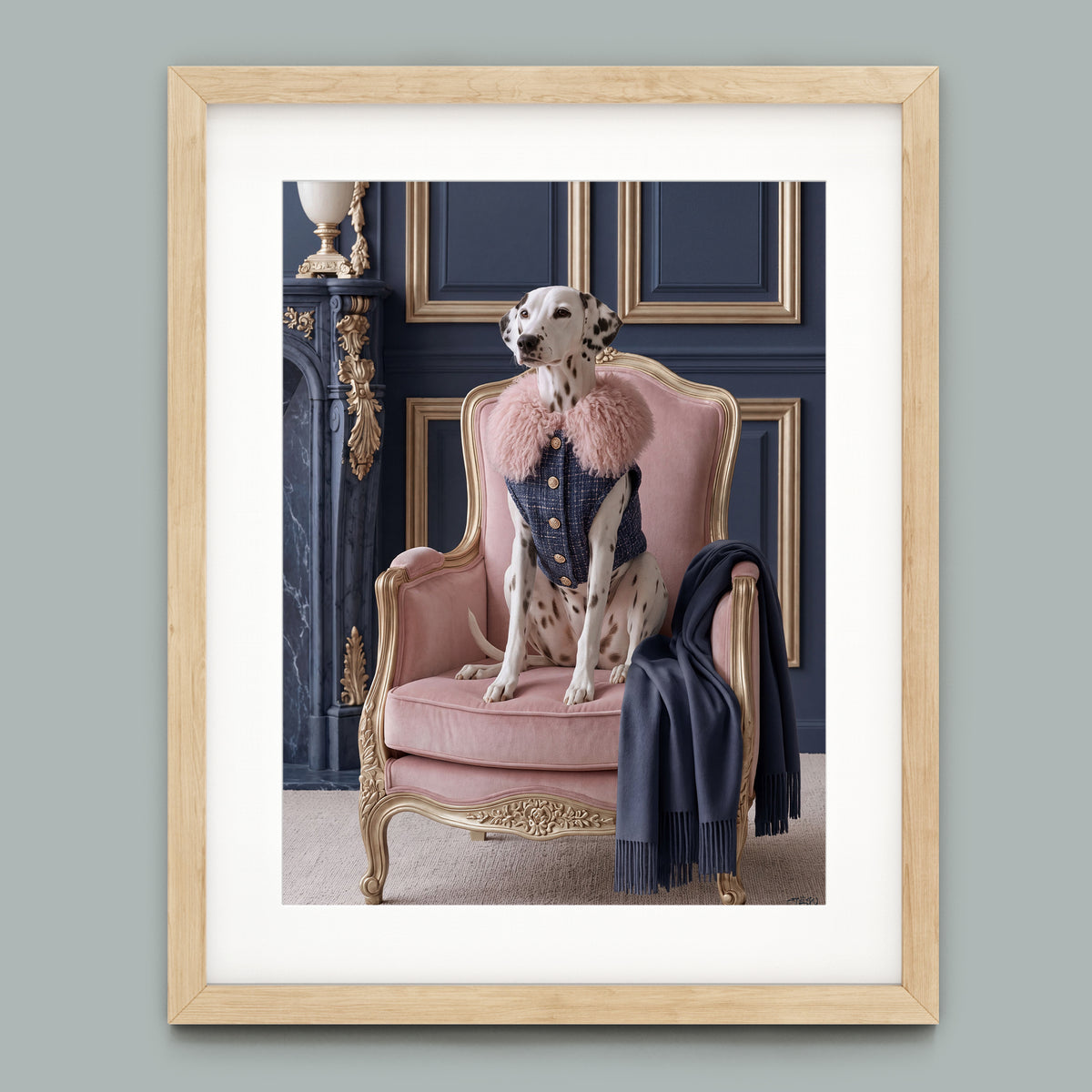 La Belle Dalmatienne framed fine art paper print in a natural light wood frame