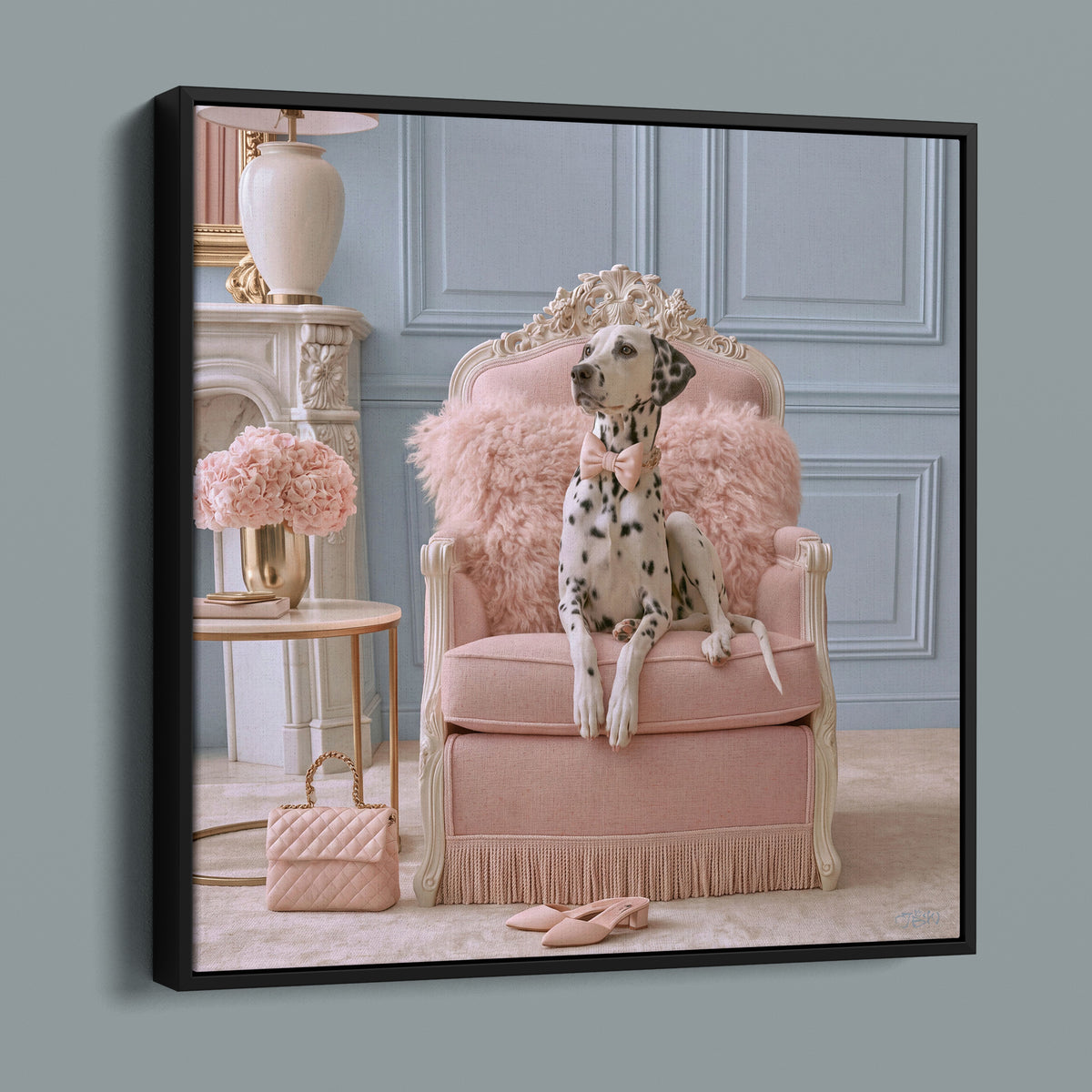 Dutchess framed canvas in a black frame, angled view