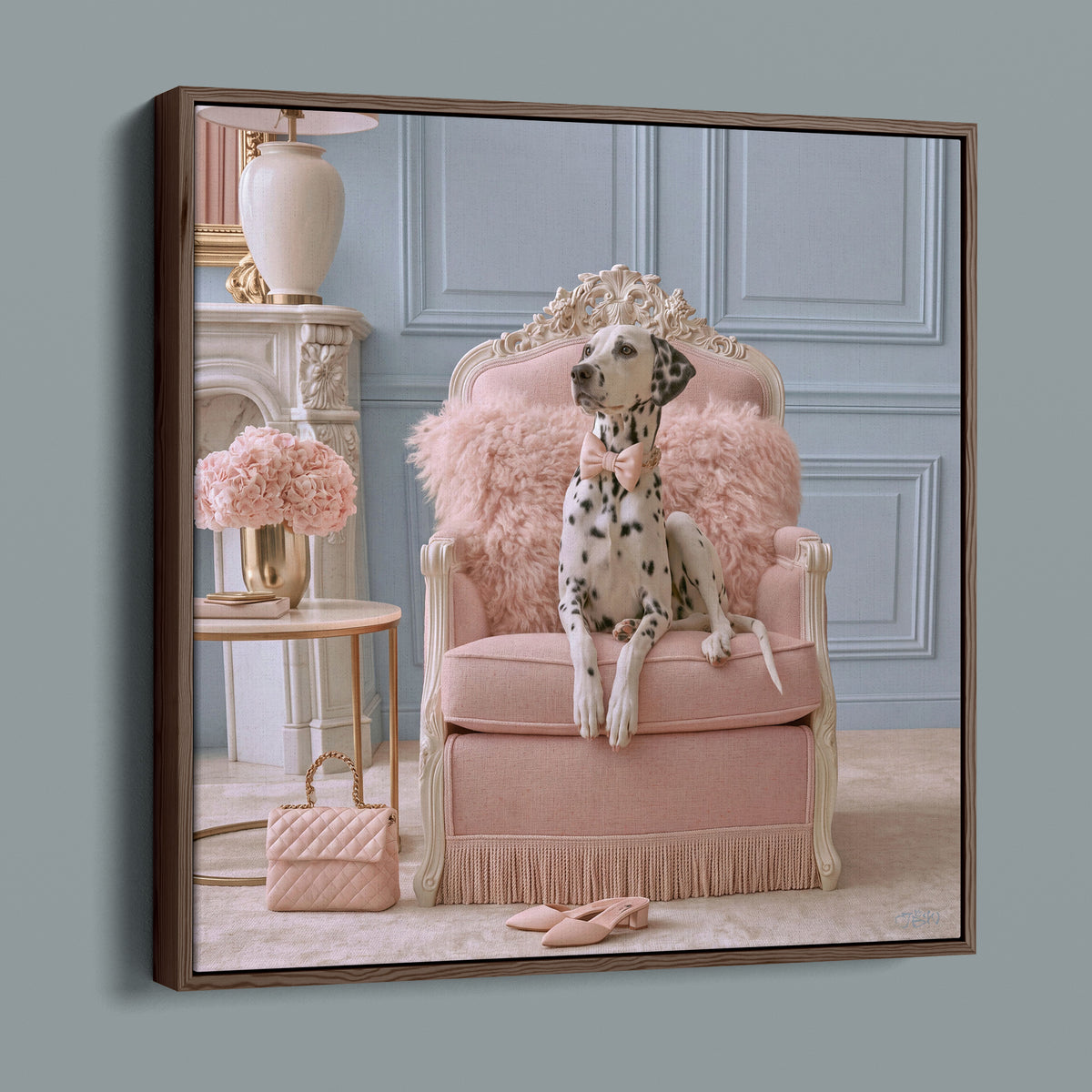 Dutchess framed canvas in a dark walnut frame, angled view