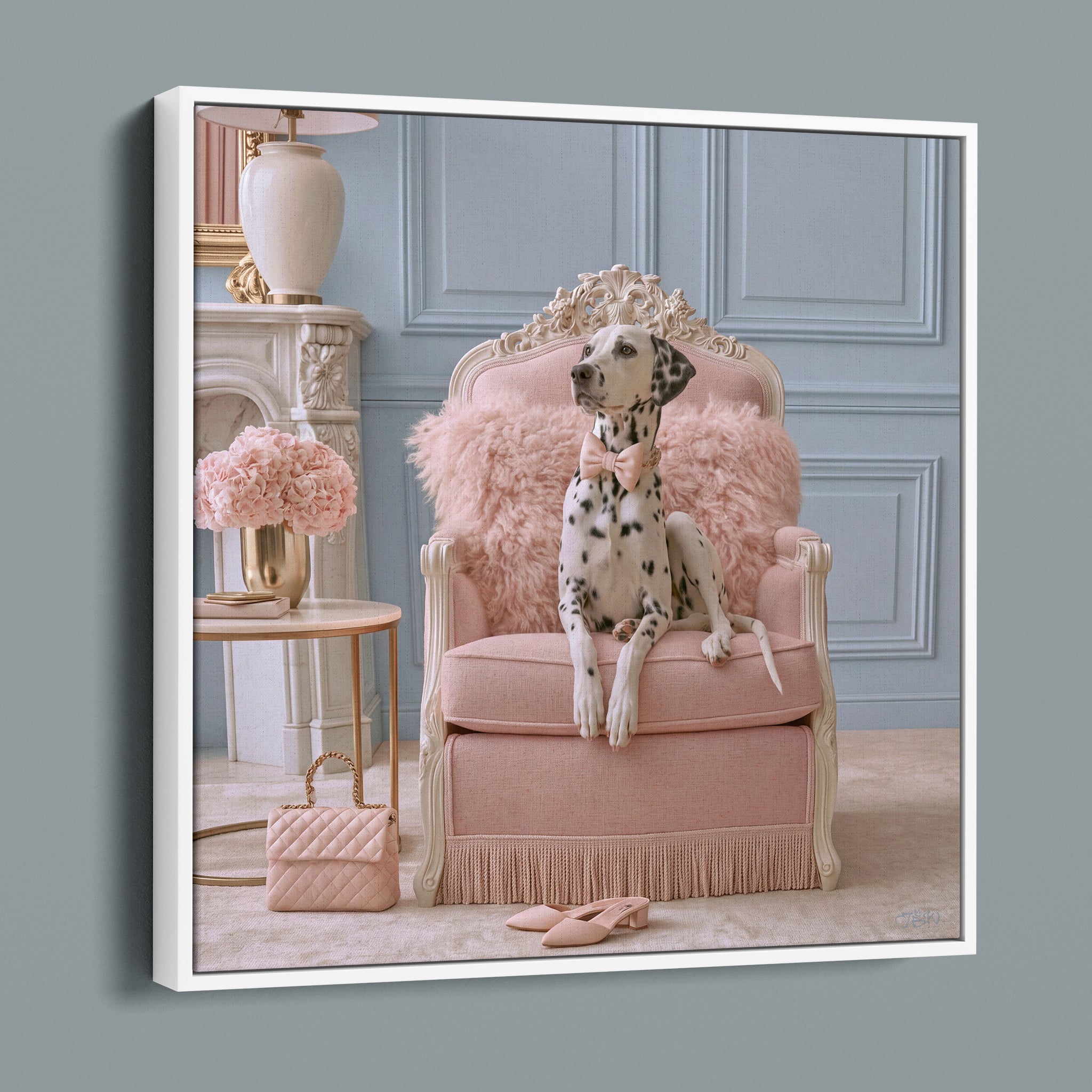 Dutchess framed canvas in a white frame, angled view