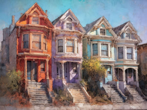 Vibrant painting of historic Victorian houses known as the Painted Ladies in San Francisco, capturing their colorful charm and architectural beauty.