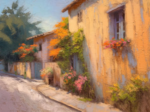 Serene painting of a Mediterranean home with bougainvillea and cobblestone streets, featuring warm pastel hues and a tranquil village setting.