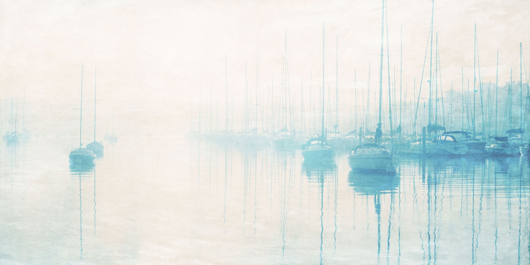 Tranquil coastal landscape art featuring moored sailboats in soft blue and beige hues, reflecting on calm waters under a misty morning sky, symbolizing peace and serenity.