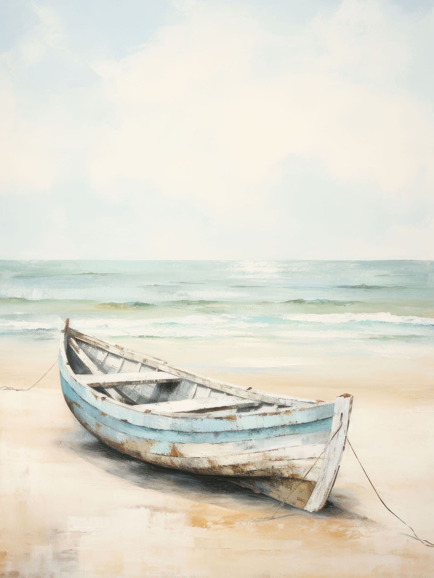 Tranquil painting of a white rowboat on a sandy beach with soft pastel hues, capturing the serenity of a misty morning by the ocean.