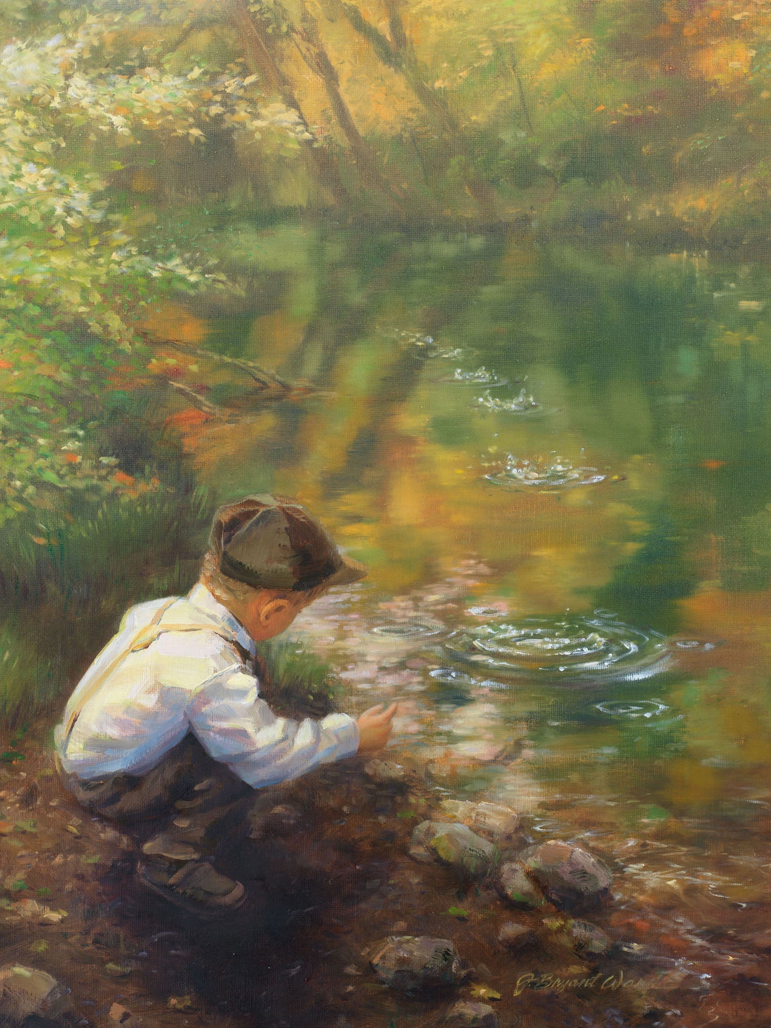 Serene painting of a child skipping stones by a creek in autumn, with reflections and lush foliage, capturing the peaceful and playful essence of youth.