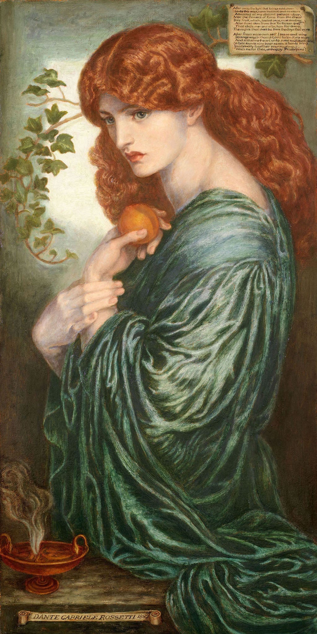 Vintage portrait art depicting Proserpine, a serene woman with red hair in a green dress, surrounded by ivy and symbolic elements, showcasing elegance and classical beauty.