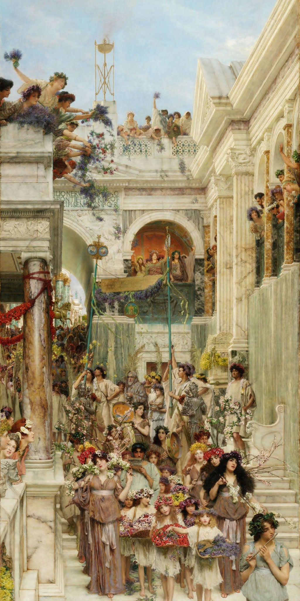 Victorian painting of a springtime gathering with classical architecture, flowers, and finely dressed figures in celebration.