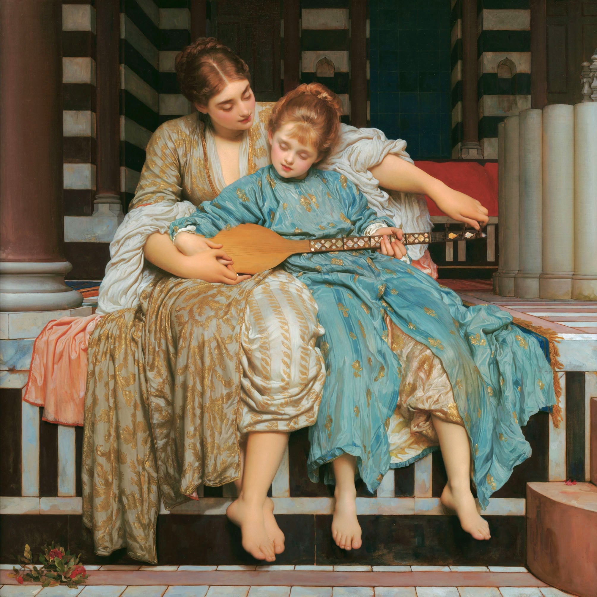 Victorian painting by Frederic Lord Leighton showing a serene music lesson with a tutor and pupil in elegant robes, set against detailed classical architecture and drapery.