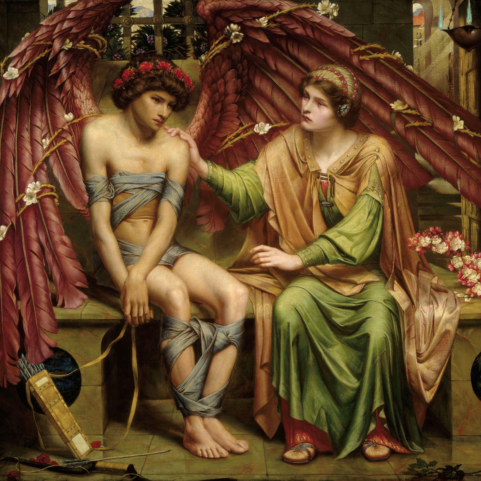 Classic painting by Sidney Harold Meteyard depicting angels in vibrant robes with wings, surrounded by drapery, flowers, and a cityscape, conveying themes of hope, tenderness, and fantasy.