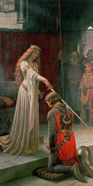 Accolade by Edmund Blair Leighton showing a medieval woman knighting a knight in armor with a sword in a solemn ceremony.