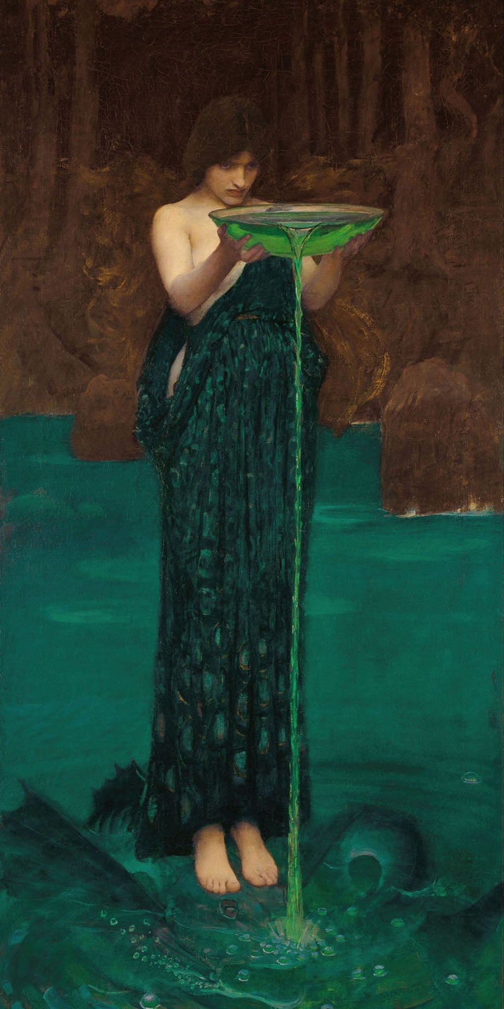 Circe Invidiosa by John William Waterhouse showing a sorceress pouring a potion into water, with draped green robes and a serene expression in a classical, mythological scene.