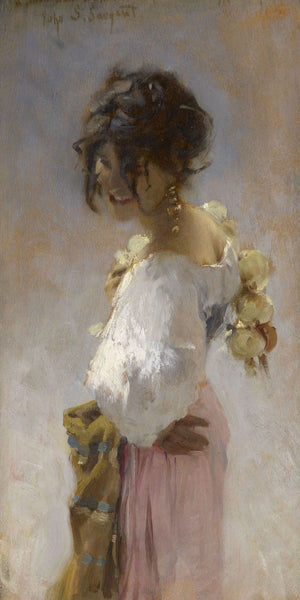 Rosina by John Singer Sargent featuring a woman in a white blouse with rosy cheeks, portrayed in soft light and surrounded by flowers in a vintage style.