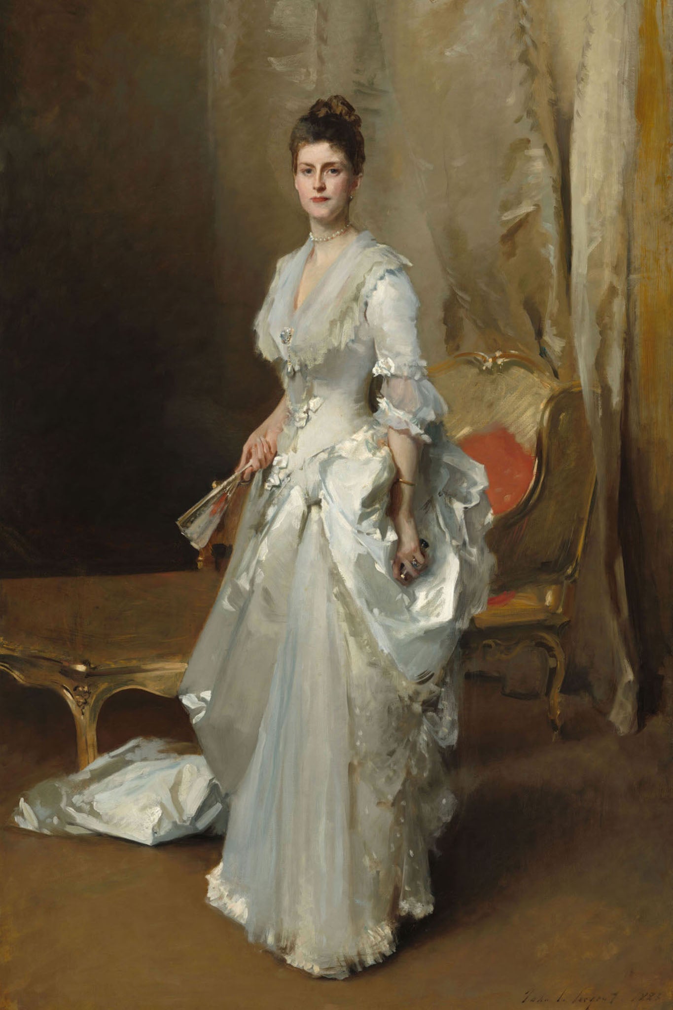 Elegant portrait of Mrs. Henry White by John Singer Sargent, featuring a lady in a white gown seated against a sophisticated interior with beige, brown, and silver tones, capturing the grace and opulence of high society.